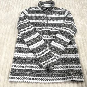 Lands End Jacket Womens Gray White Fleece High Collar Zip Oeko Tex Warm Cozy